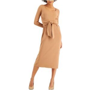 NWT‎ Bar III Ribbed Knit Midi Dress with Attached Belt Stretchy Camel Tan Small